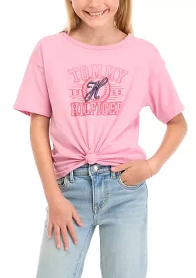 Girls 7-16 Script Short Sleeve Knotted T-Shirt