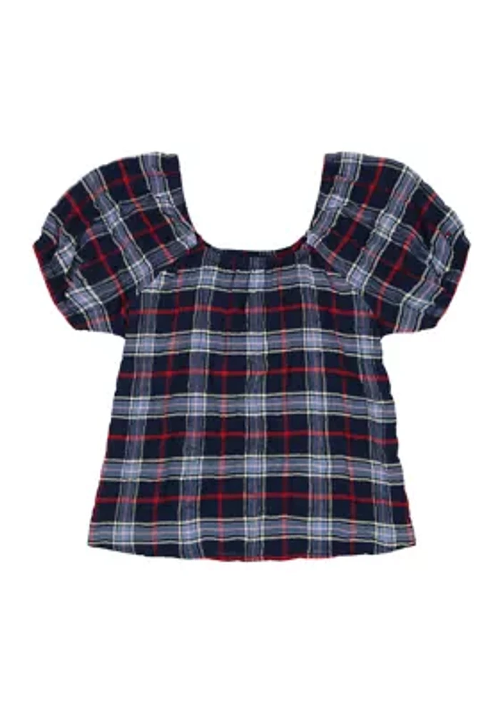 Girls 7-16 Seersucker Plaid Printed Top