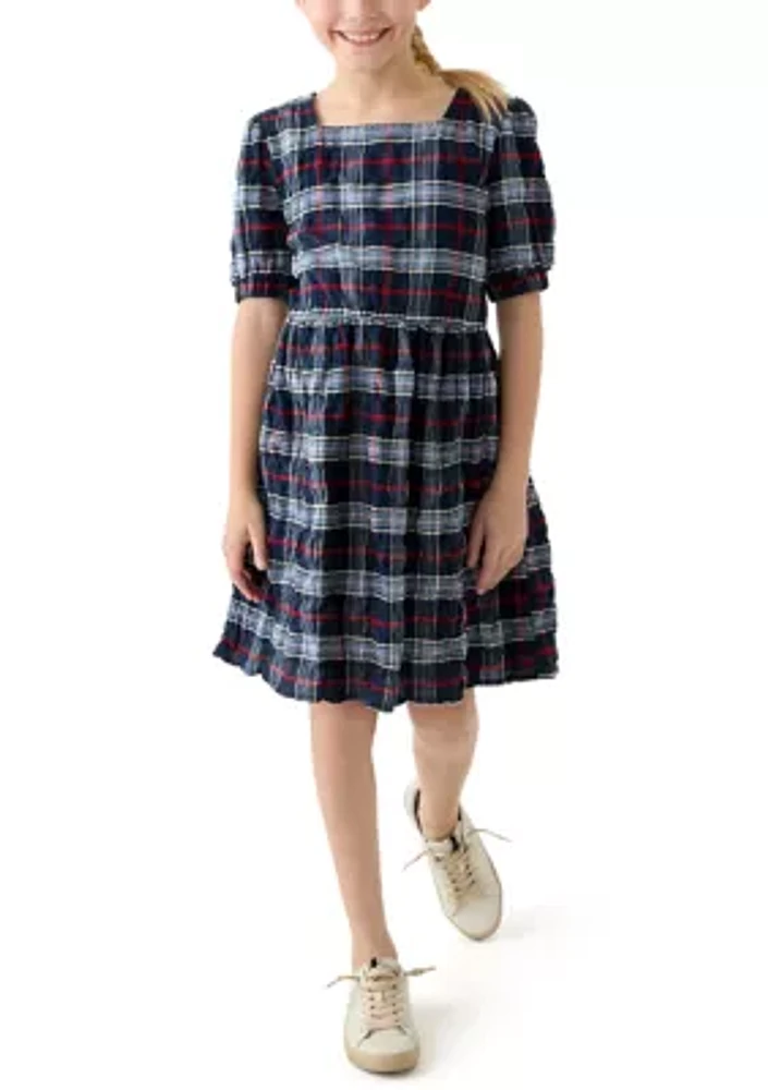 Girls 7-16 Printed Seersucker Puff Sleeve Dress