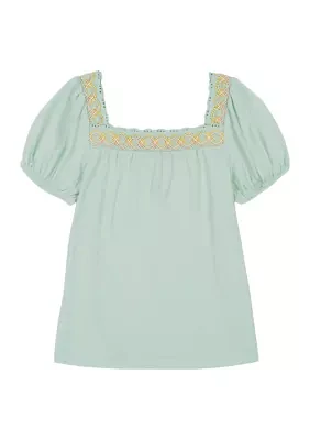 Girls 7-16 Short Puff Sleeve Crochet Top