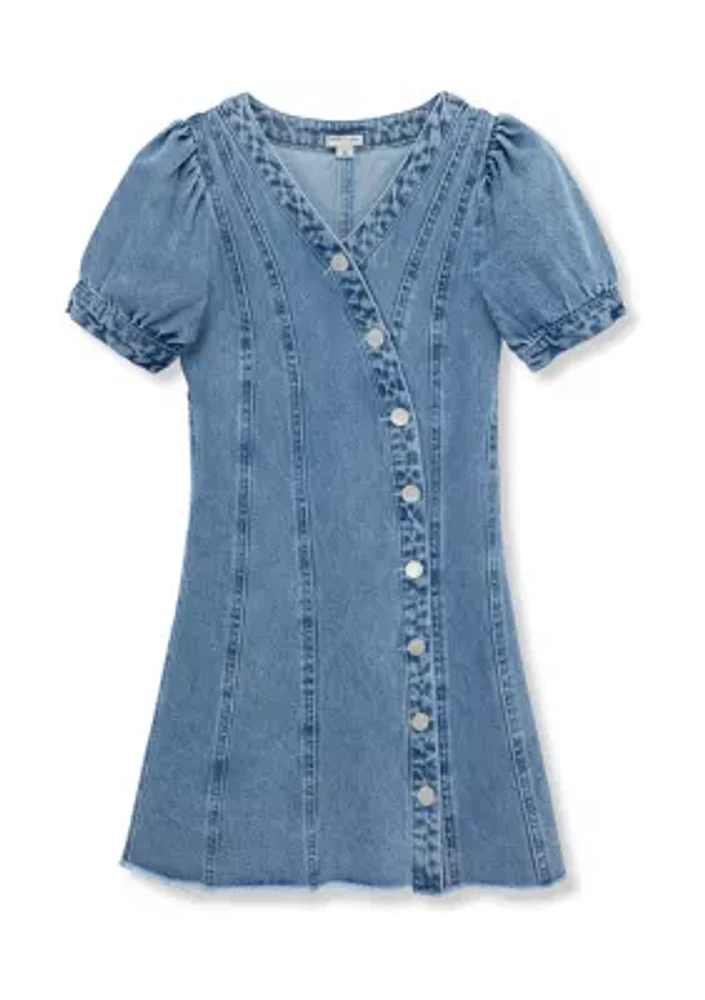 Girls 7-16 A-Line Denim Dress with Snaps and Seams