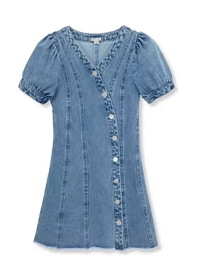 Girls 7-16 A-Line Denim Dress with Snaps and Seams