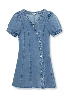 Girls 7-16 A-Line Denim Dress with Snaps and Seams