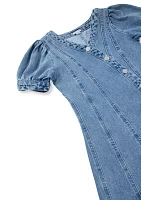 Girls 7-16 A-Line Denim Dress with Snaps and Seams