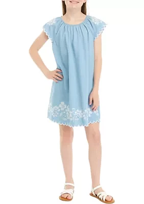 Girls 7-16 Embroidered Chambray A-Line Dress