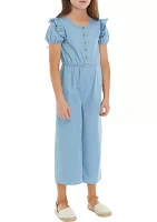 Girls 7-16 Chambray Button Front Ruffle Jumpsuit