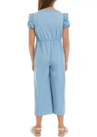 Girls 7-16 Chambray Button Front Ruffle Jumpsuit