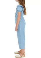 Girls 7-16 Chambray Button Front Ruffle Jumpsuit