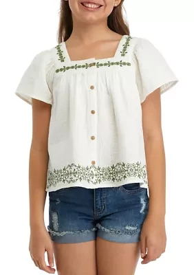 Girls 7-16 Embroidered Button Front Top