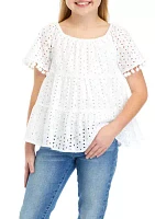 Girls 7-16 Eyelet Tiered Pom Trim Top