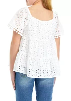 Girls 7-16 Eyelet Tiered Pom Trim Top