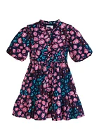 Girls 4-6x Printed Ruffle Neck Dress