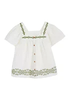 Girls 4-6x Short Sleeve Button Front Embroidered Top