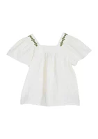 Girls 4-6x Short Sleeve Button Front Embroidered Top