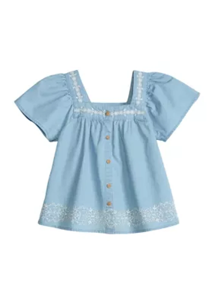 Girls 4-6x Embroidered Button Front Top