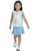 Girls 4-6x Two Piece Printed Waist Tank Top and 3 Stripe Skort Set