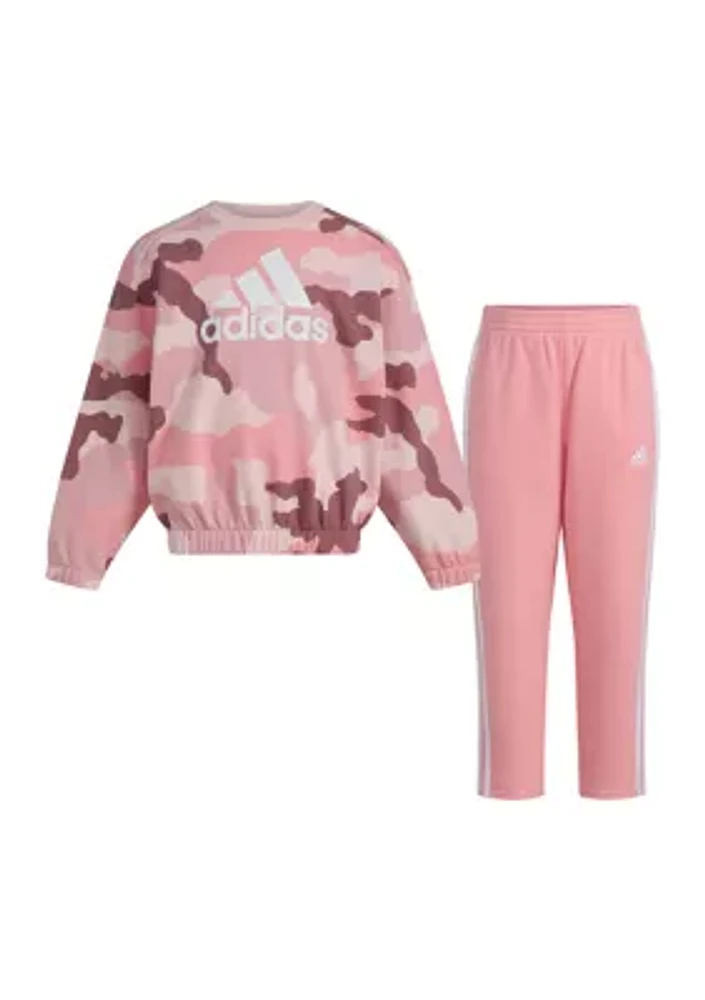 Girls 4-6x 2 Piece Long Sleeve Printed French Terry Crew Neck Pullover Sweatshirt and Pant Set