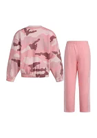 Girls 4-6x 2 Piece Long Sleeve Printed French Terry Crew Neck Pullover Sweatshirt and Pant Set