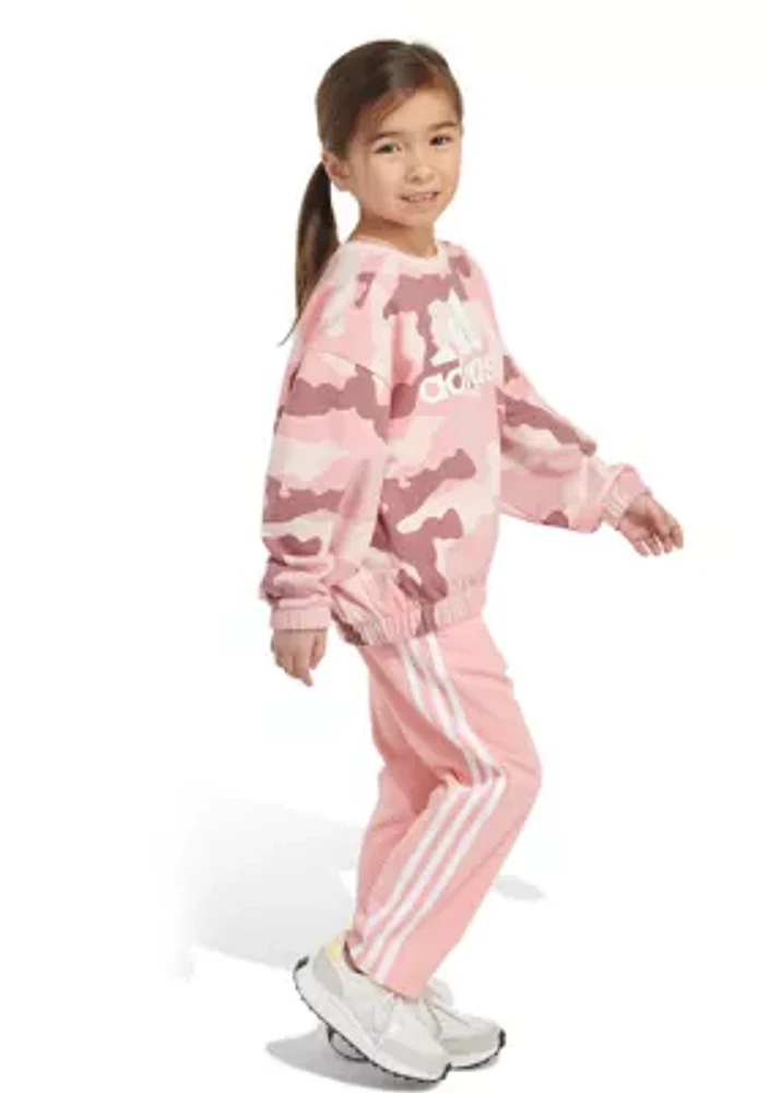 Girls 4-6x 2 Piece Long Sleeve Printed French Terry Crew Neck Pullover Sweatshirt and Pant Set