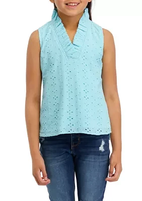 Girls 7-16 Eyelet Ruffle Neck Tank Top