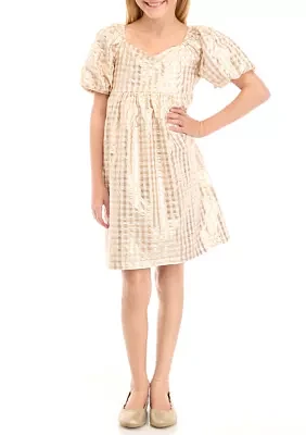 Girls 7-16 Puff Sleeve Checkered Party Dress