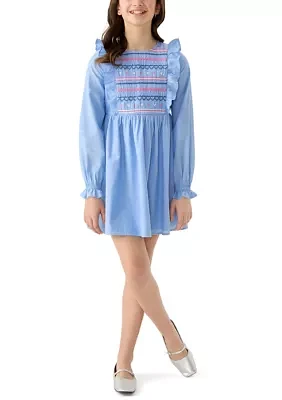 Girls 7-16 Long Sleeve Smocked Ruffle Dress