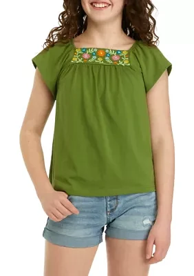 Girls 7-16 Flutter Sleeve Embroidered Top