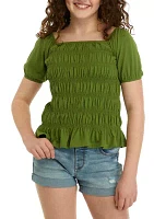 Girls 7-16 Short Sleeve Smocked Knit Top