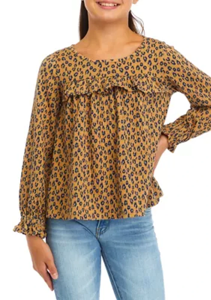 Girls 7-16 Printed Crinkle Knit Ruffle Top