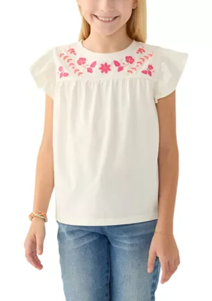 Girls 7-16 Flutter Sleeve Embroidered Top