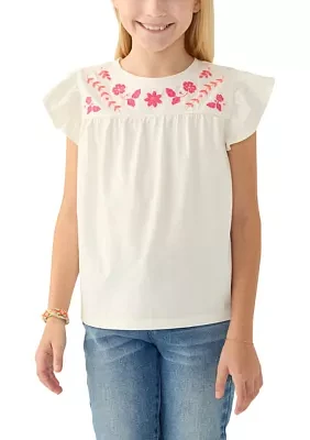 Girls 7-16 Flutter Sleeve Embroidered Top