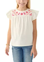 Girls 7-16 Flutter Sleeve Embroidered Top