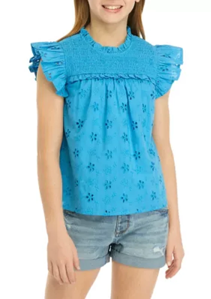 Girls 7-16 Eyelet High Neck Ruffle Top