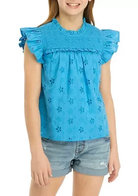 Girls 7-16 Eyelet High Neck Ruffle Top