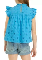 Girls 7-16 Eyelet High Neck Ruffle Top