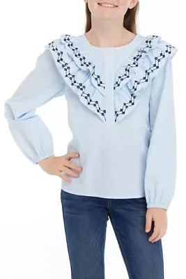 Girls 7-16 Woven Button Front Ruffle Top