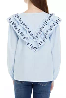 Girls 7-16 Woven Button Front Ruffle Top