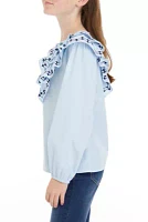 Girls 7-16 Woven Button Front Ruffle Top