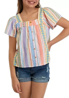 Girls 7-16 Jacquard Button Front Embroidered Stripe Top