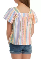 Girls 7-16 Jacquard Button Front Embroidered Stripe Top