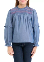 Girls 7-16 Chambray Smocked Ruffle Top