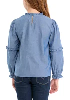 Girls 7-16 Chambray Smocked Ruffle Top