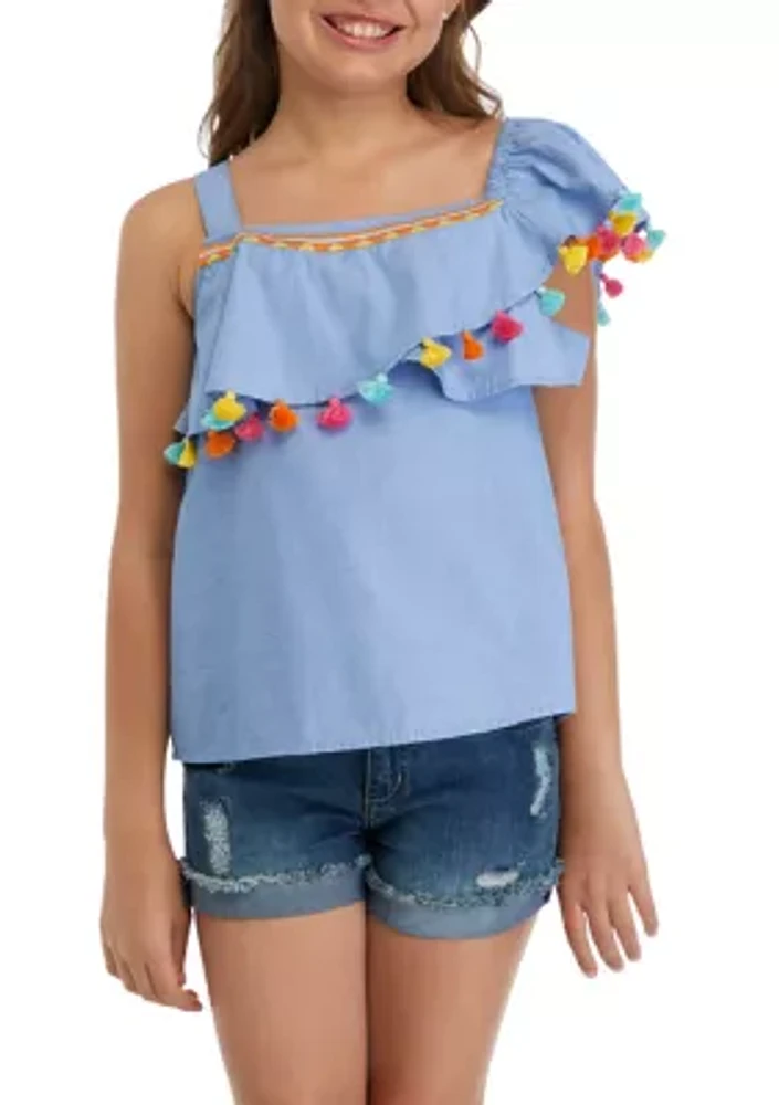 Girls 7-16 Pom One Shoulder Top