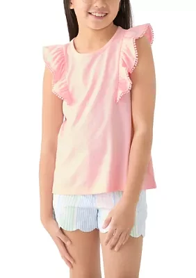 Girls 7-16 Pom Trim Ruffle Tank Top