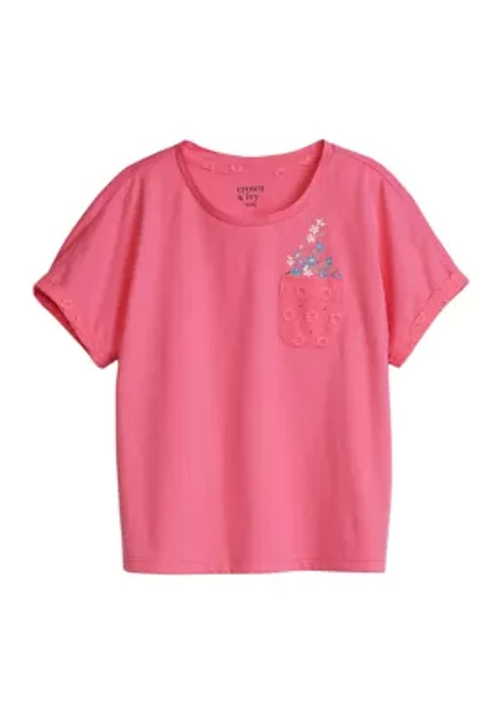 Girls 4-6x Short Sleeve Pocket Eyelet T-Shirt