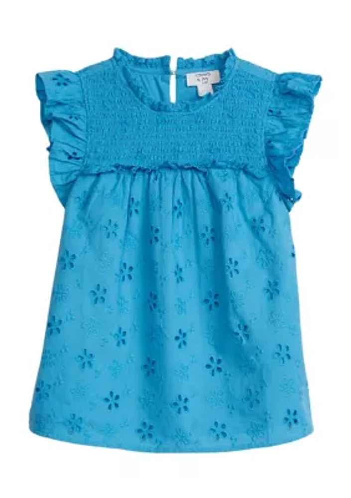 Girls 4-6x Flutter Sleeve Eyelet High Neck Ruffle Top