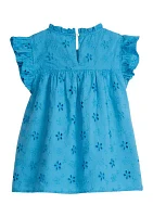 Girls 4-6x Flutter Sleeve Eyelet High Neck Ruffle Top