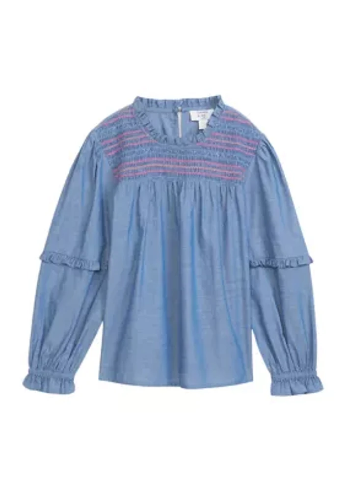 Girls 4-6x Chambray Smocked Ruffle Top