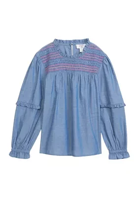 Girls 4-6x Chambray Smocked Ruffle Top