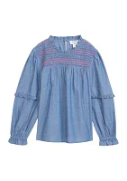 Girls 4-6x Chambray Smocked Ruffle Top